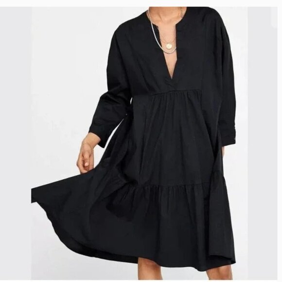 ZARA Black Oversized Voluminous Asymmetric Poplin V-neck Ruffle Shirt Dress XS - Picture 2 of 9